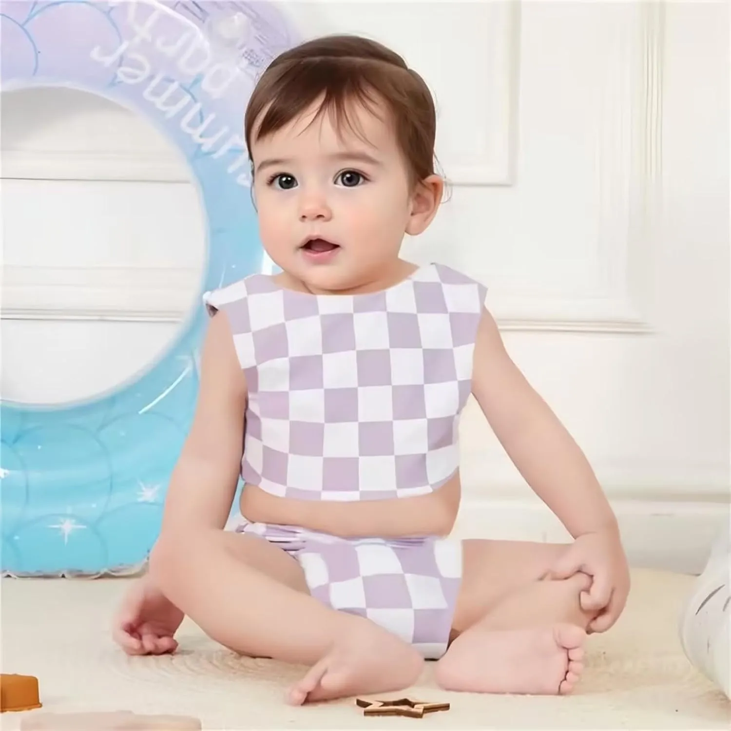 Toddler Baby Girl Two Piece Swimsuit Checkered Print Knotted Swim Top and Bottom Tankini Bikini Set Kid Bathing Suit