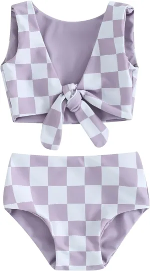 Toddler Baby Girl Two Piece Swimsuit Checkered Print Knotted Swim Top and Bottom Tankini Bikini Set Kid Bathing Suit