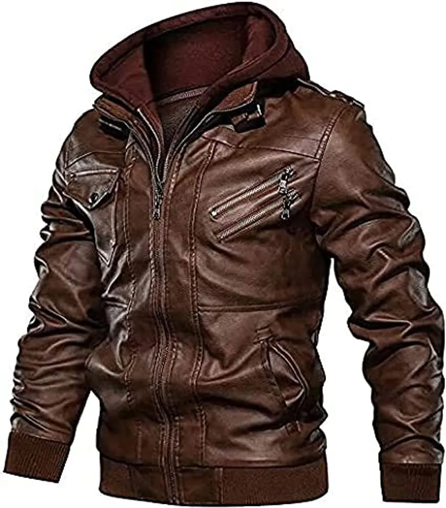 TOMJACK Men Leather Jacket - Lambskin Winterwear Motorcycle Biker Jacket, Moto Riding & Racing Jacket's with Removable Hood