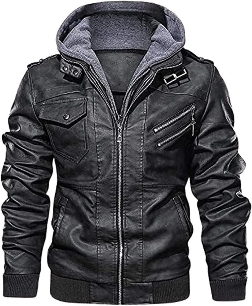 TOMJACK Men Leather Jacket - Lambskin Winterwear Motorcycle Biker Jacket, Moto Riding & Racing Jacket's with Removable Hood