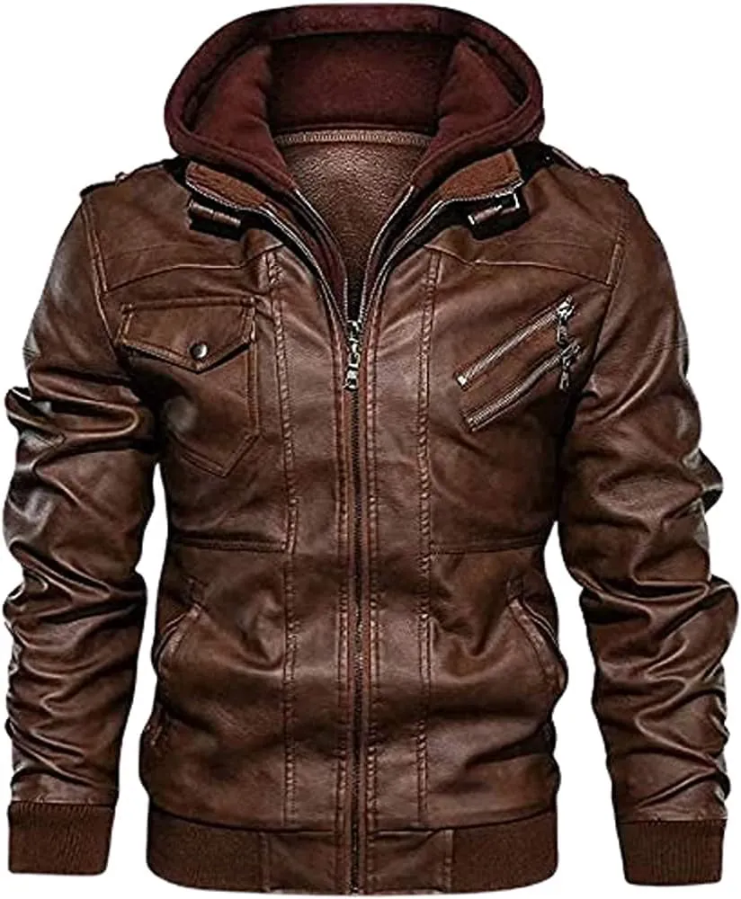 TOMJACK Men Leather Jacket - Lambskin Winterwear Motorcycle Biker Jacket, Moto Riding & Racing Jacket's with Removable Hood