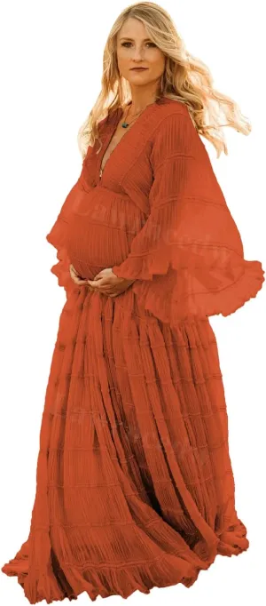 Tulle Maternity Robe for Photoshoot V Neck Long Sleeve Pregnancy Baby Shower Puffy Slit Ruffle Bridal Lingerie
