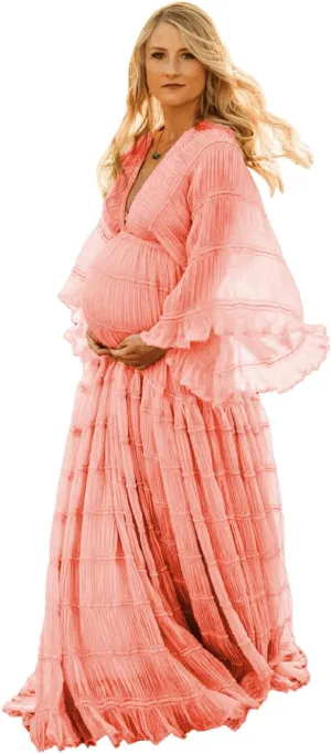 Tulle Maternity Robe for Photoshoot V Neck Long Sleeve Pregnancy Baby Shower Puffy Slit Ruffle Bridal Lingerie