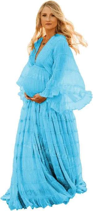 Tulle Maternity Robe for Photoshoot V Neck Long Sleeve Pregnancy Baby Shower Puffy Slit Ruffle Bridal Lingerie