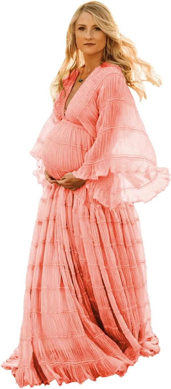 Tulle Maternity Robe for Photoshoot V Neck Long Sleeve Pregnancy Baby Shower Puffy Slit Ruffle Bridal Lingerie