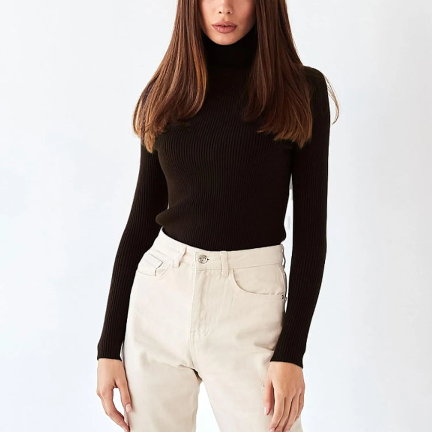 Turtleneck Sweater for Women Cropped Long Sleeve Knitted Sweater Solid Color High Neck Cute Sweaters for Women