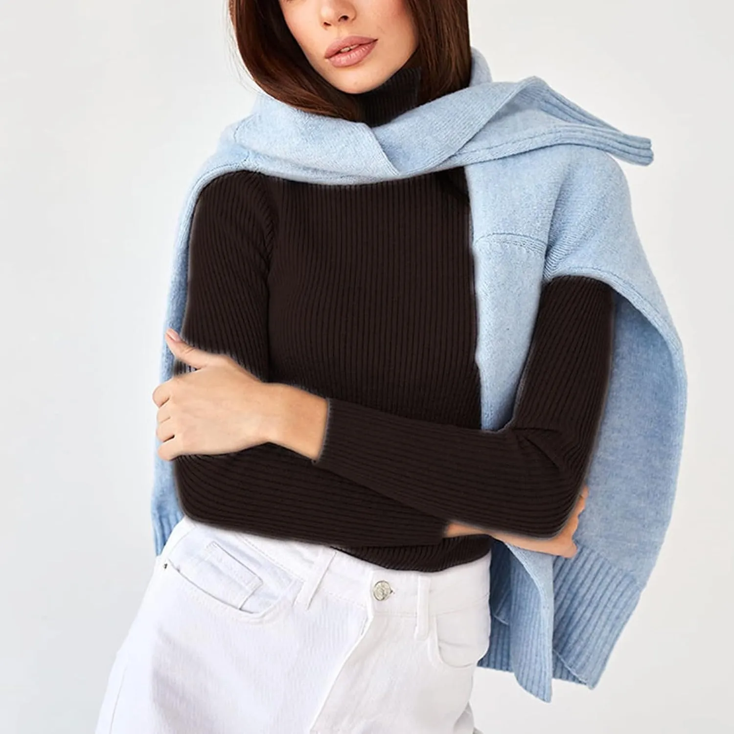 Turtleneck Sweater for Women Cropped Long Sleeve Knitted Sweater Solid Color High Neck Cute Sweaters for Women