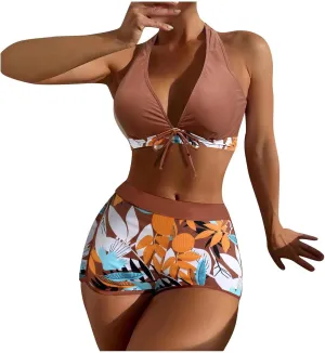 Two Piece Swimsuit for Women,2024 Summer Sexy Halter Tie Bikini Sets,Trendy Print Tropical High Waisted Swim Shorts