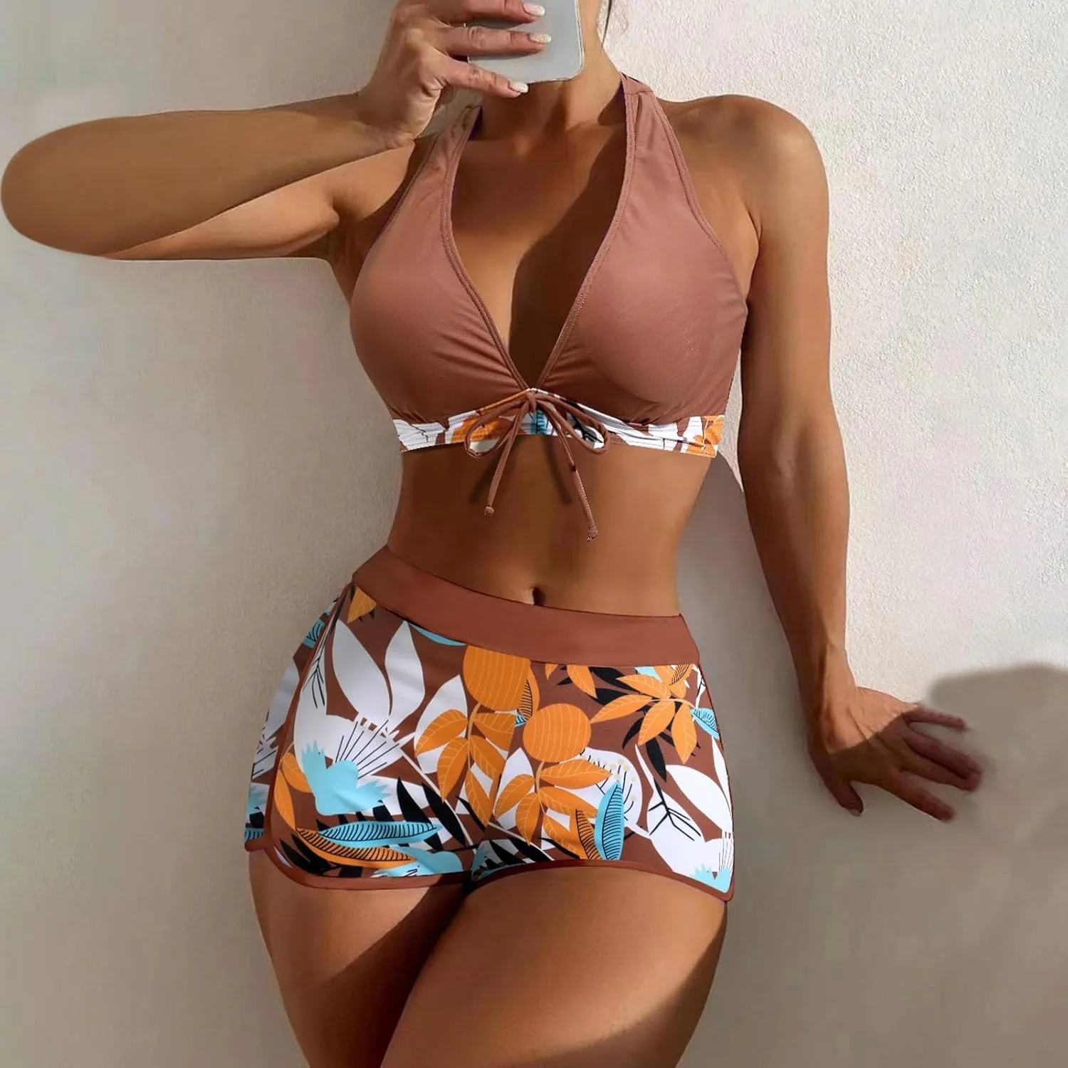 Two Piece Swimsuit for Women,2024 Summer Sexy Halter Tie Bikini Sets,Trendy Print Tropical High Waisted Swim Shorts