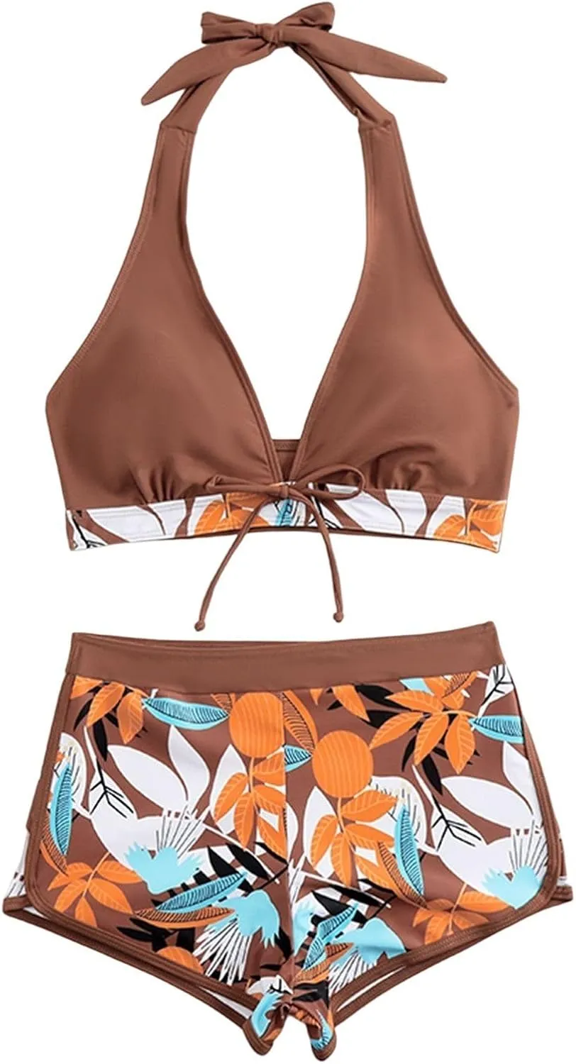 Two Piece Swimsuit for Women,2024 Summer Sexy Halter Tie Bikini Sets,Trendy Print Tropical High Waisted Swim Shorts