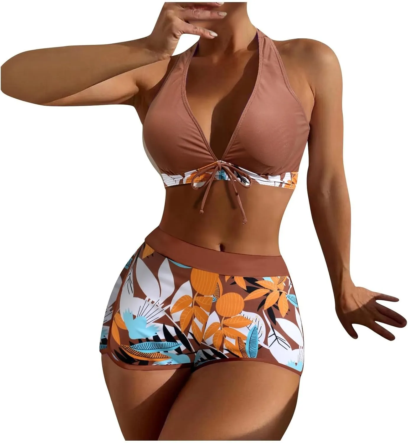 Two Piece Swimsuit for Women,2024 Summer Sexy Halter Tie Bikini Sets,Trendy Print Tropical High Waisted Swim Shorts