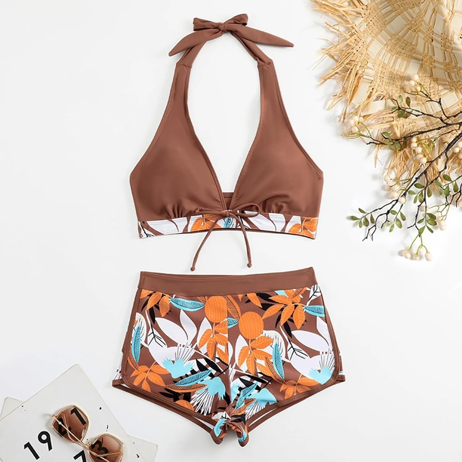 Two Piece Swimsuit for Women,2024 Summer Sexy Halter Tie Bikini Sets,Trendy Print Tropical High Waisted Swim Shorts