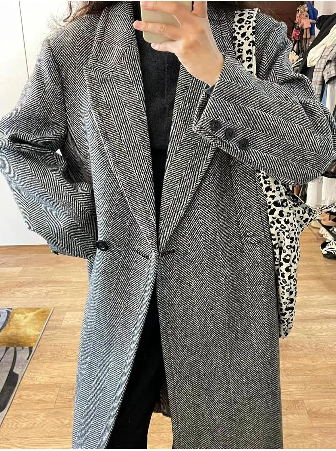 utcoco Women's Double Breasted Bussiness Pea Coat Notch Herringbone Midi Wool Coats