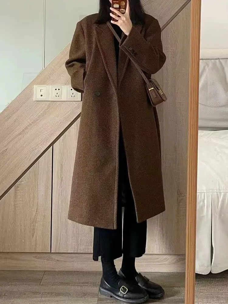 utcoco Women's Double Breasted Bussiness Pea Coat Notch Herringbone Midi Wool Coats
