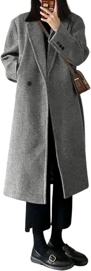 utcoco Women's Double Breasted Bussiness Pea Coat Notch Herringbone Midi Wool Coats