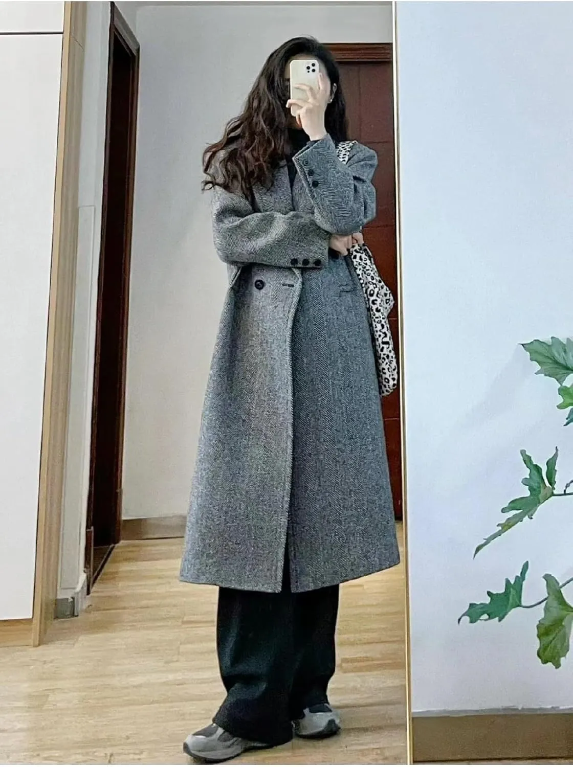 utcoco Women's Double Breasted Bussiness Pea Coat Notch Herringbone Midi Wool Coats