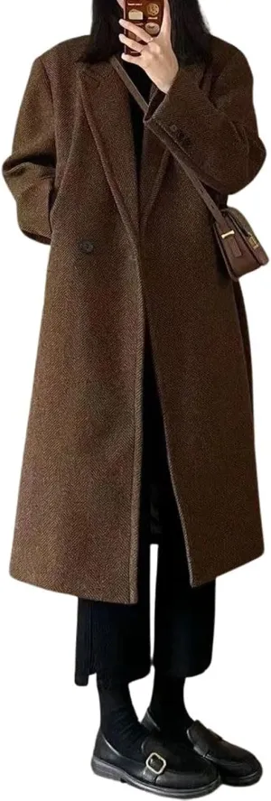 utcoco Women's Double Breasted Bussiness Pea Coat Notch Herringbone Midi Wool Coats