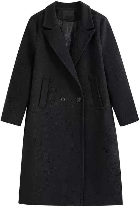 utcoco Women's Double Breasted Bussiness Pea Coat Notch Herringbone Midi Wool Coats