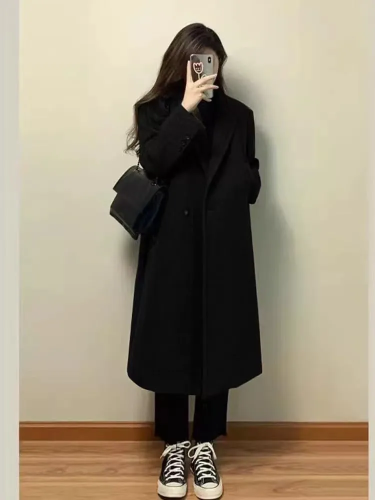 utcoco Women's Double Breasted Bussiness Pea Coat Notch Herringbone Midi Wool Coats