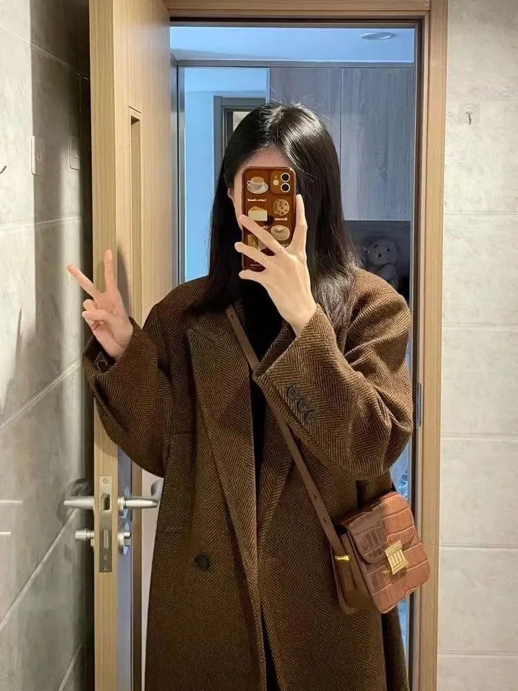 utcoco Women's Double Breasted Bussiness Pea Coat Notch Herringbone Midi Wool Coats