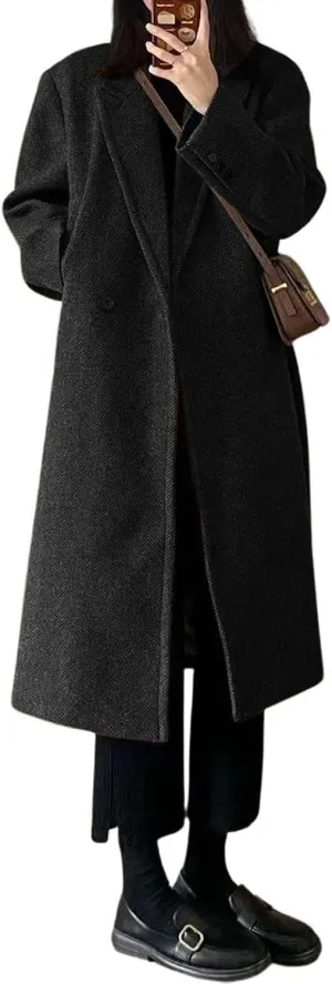 utcoco Women's Double Breasted Bussiness Pea Coat Notch Herringbone Midi Wool Coats