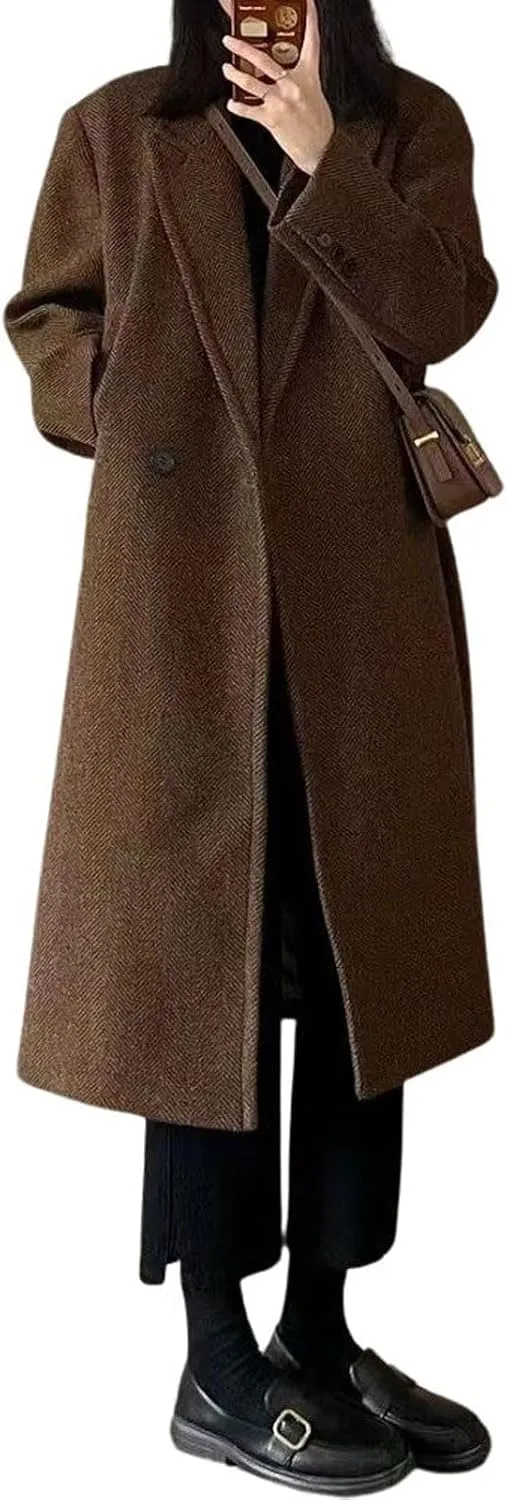 utcoco Women's Double Breasted Bussiness Pea Coat Notch Herringbone Midi Wool Coats