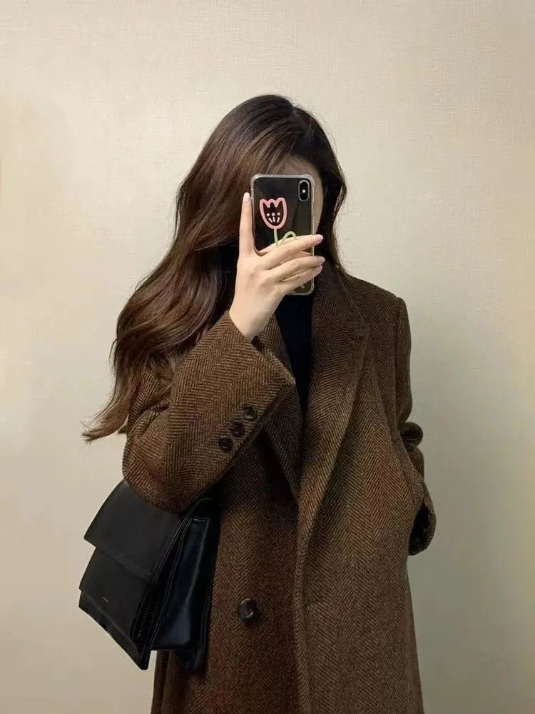 utcoco Women's Double Breasted Bussiness Pea Coat Notch Herringbone Midi Wool Coats