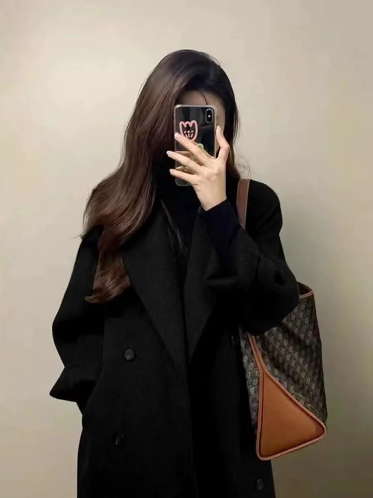 utcoco Women's Double Breasted Bussiness Pea Coat Notch Herringbone Midi Wool Coats