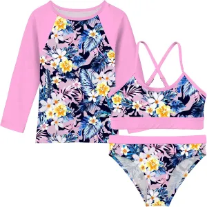 Vogseek 7-13T Girls 3pcs Bikini Swimwear with Long Sleeve Rashguard Shirts Quick Dry Swimsuits UPF 50  Bathing Suits