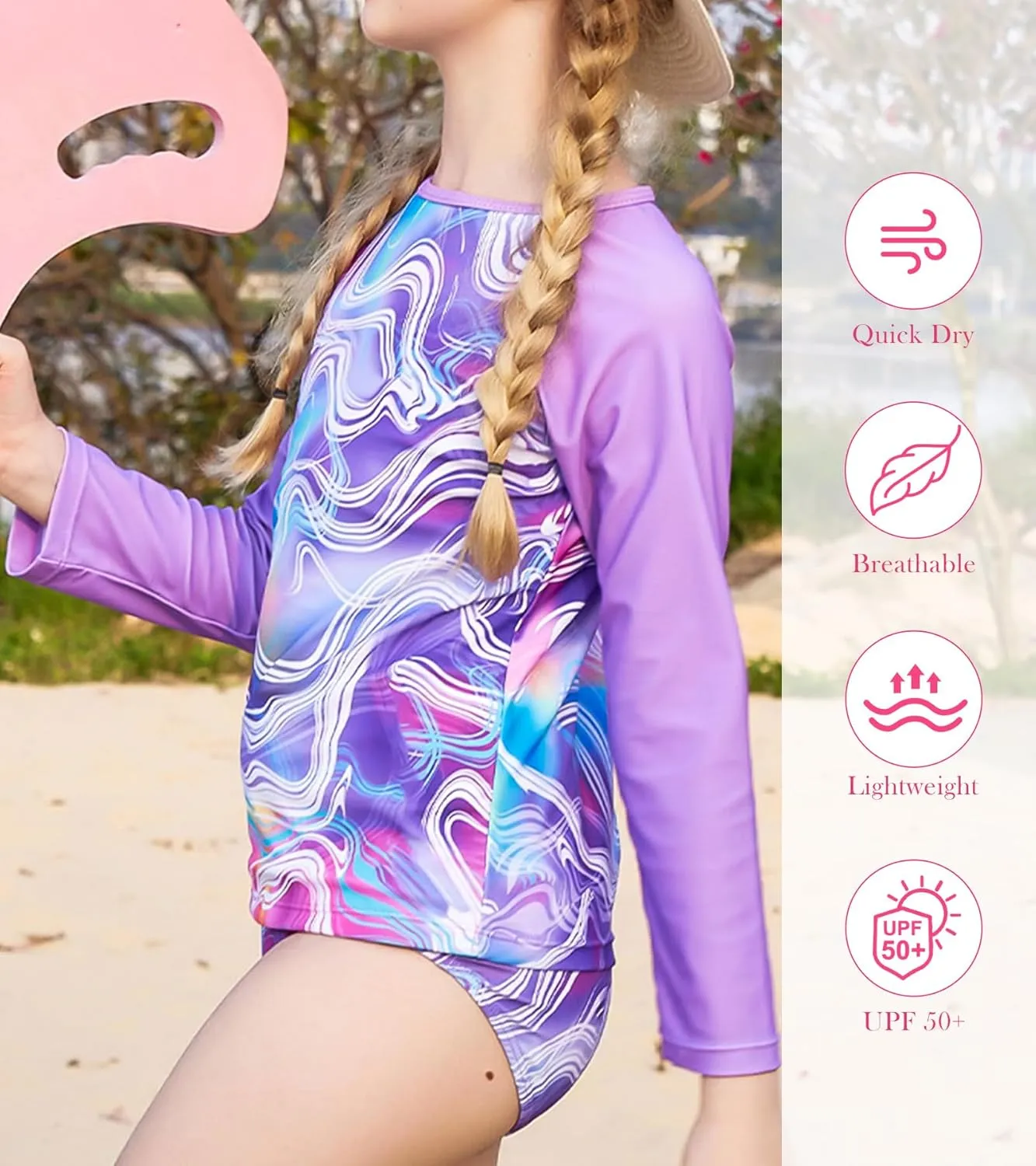 Vogseek 7-13T Girls 3pcs Bikini Swimwear with Long Sleeve Rashguard Shirts Quick Dry Swimsuits UPF 50  Bathing Suits