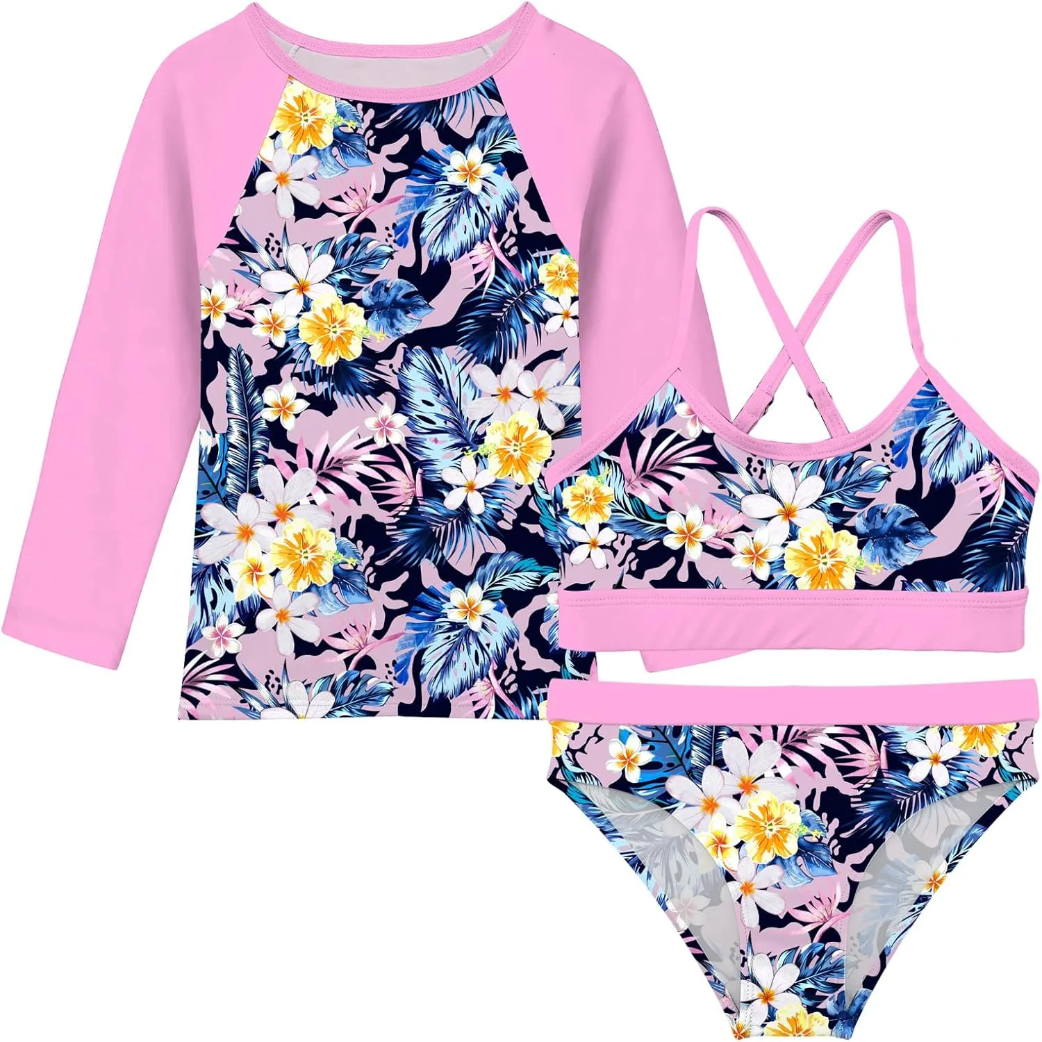 Vogseek 7-13T Girls 3pcs Bikini Swimwear with Long Sleeve Rashguard Shirts Quick Dry Swimsuits UPF 50  Bathing Suits