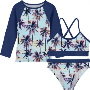 Vogseek 7-13T Girls 3pcs Bikini Swimwear with Long Sleeve Rashguard Shirts Quick Dry Swimsuits UPF 50  Bathing Suits