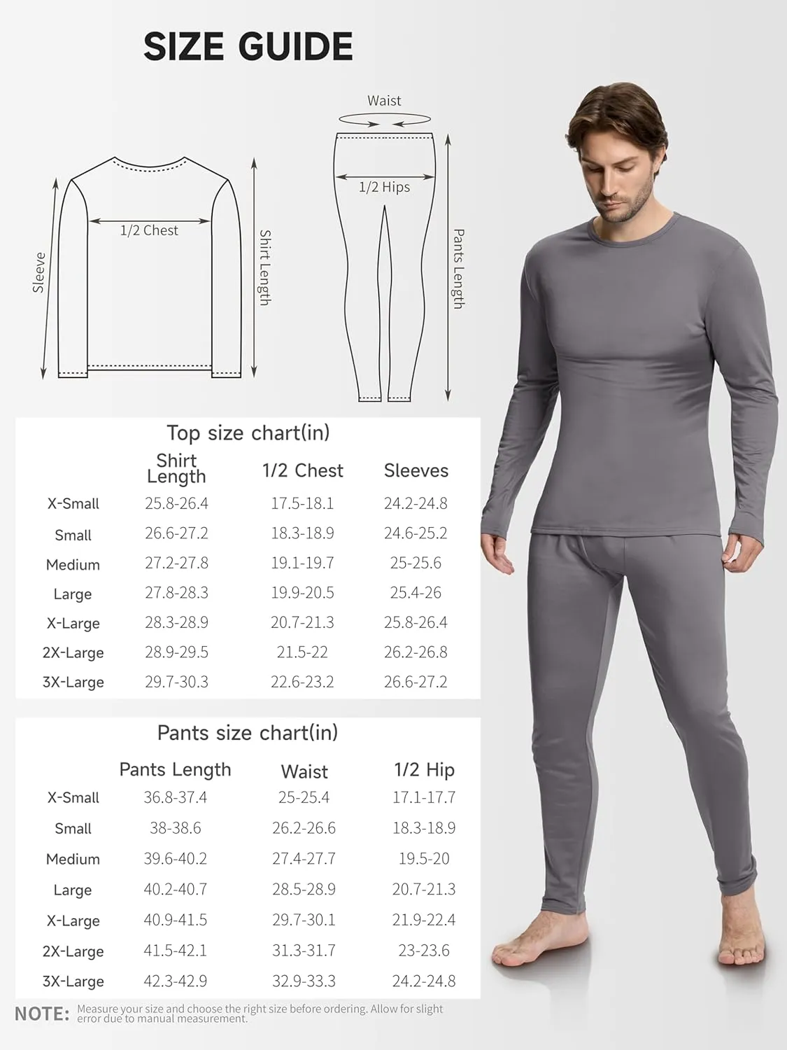 VZV 3 Set Thermal Underwear for Men Fleece Lined Long Johns Mens Thermals Top and Bottom Set Base Layer for Cold Weather