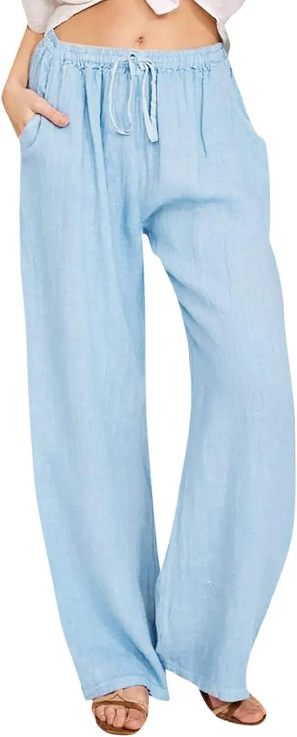 Wide Leg Linen Pants for Women Summer Baggy Comfy Palazzo Pants Drawstring Yoga Pants Casual Beach Pants with Pocket