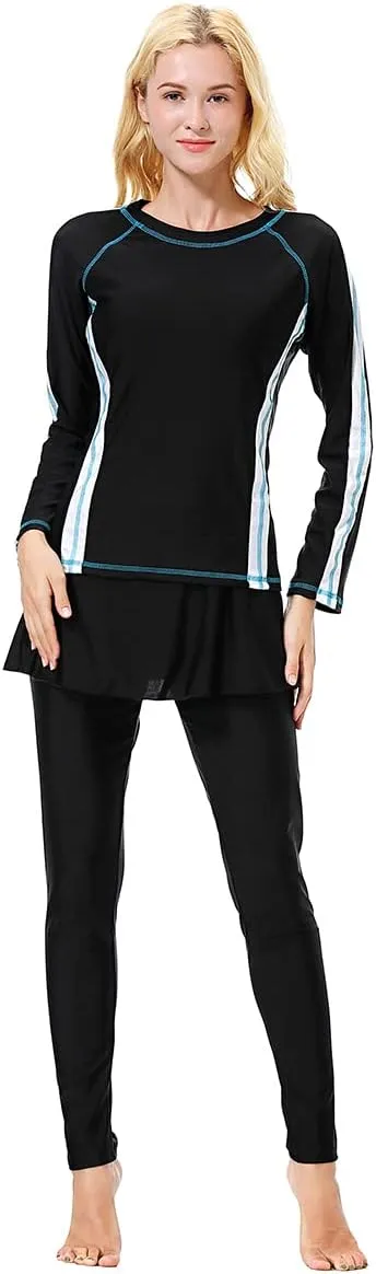 Women Burkini Swimsuits Modest Muslim Swimwear Islamic Long Sleeve Full Cover Hijab Top Skirted Swim Capris Pants Set