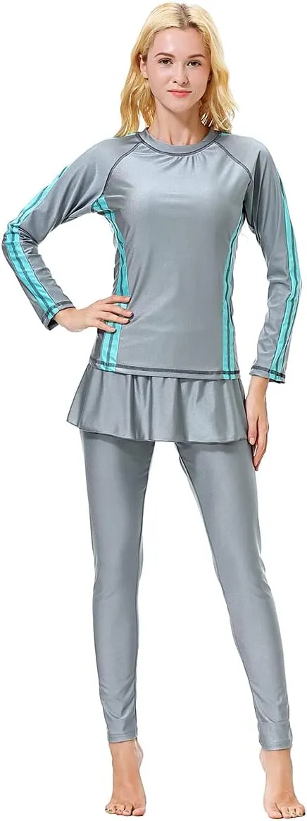Women Burkini Swimsuits Modest Muslim Swimwear Islamic Long Sleeve Full Cover Hijab Top Skirted Swim Capris Pants Set