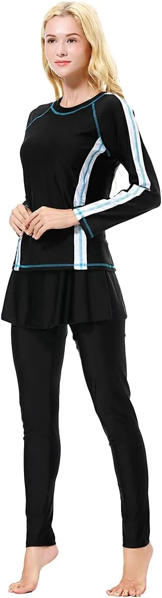 Women Burkini Swimsuits Modest Muslim Swimwear Islamic Long Sleeve Full Cover Hijab Top Skirted Swim Capris Pants Set