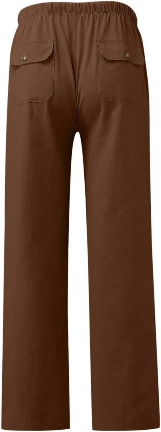 Women Cotton Linen Casual Pants Straight Leg Drawstring Elastic High Waist Loose Trousers with Pockets Relaxed Lounge Wide