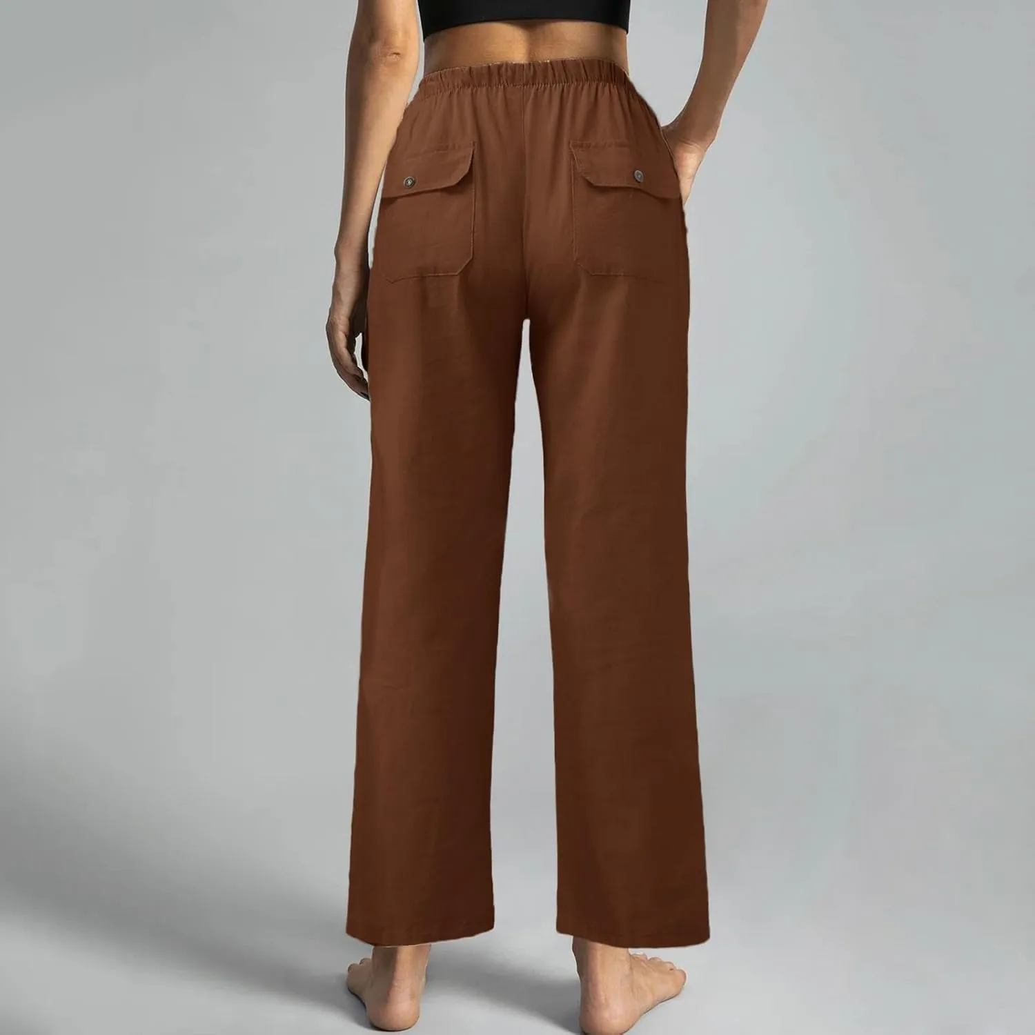 Women Cotton Linen Casual Pants Straight Leg Drawstring Elastic High Waist Loose Trousers with Pockets Relaxed Lounge Wide