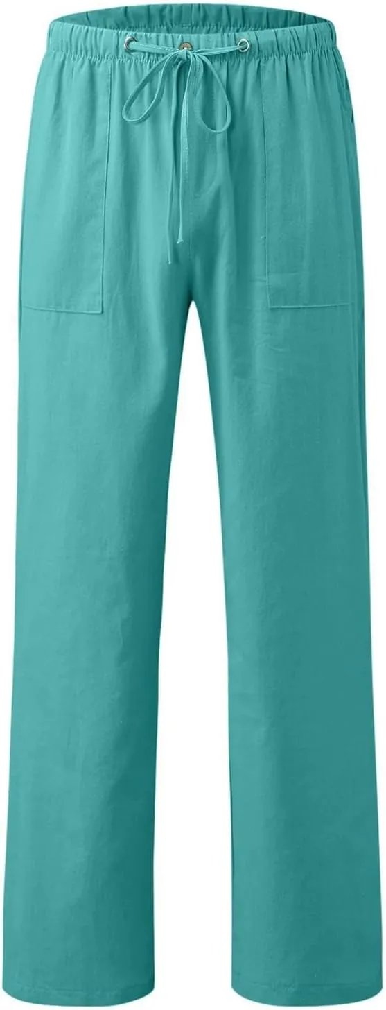Women Cotton Linen Casual Pants Straight Leg Drawstring Elastic High Waist Loose Trousers with Pockets Relaxed Lounge Wide