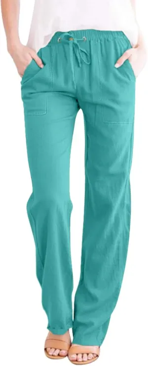 Women Cotton Linen Casual Pants Straight Leg Drawstring Elastic High Waist Loose Trousers with Pockets Relaxed Lounge Wide
