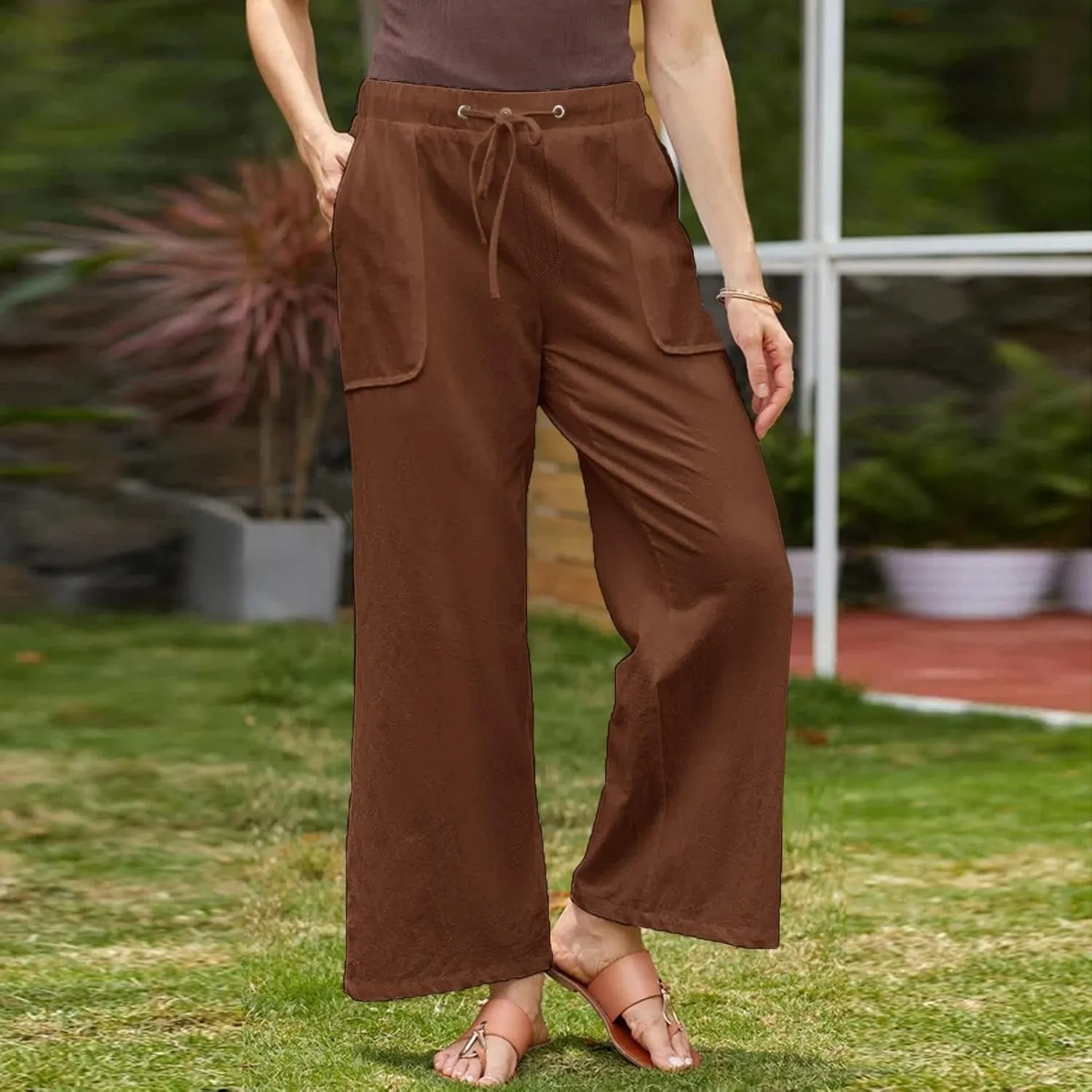Women Cotton Linen Casual Pants Straight Leg Drawstring Elastic High Waist Loose Trousers with Pockets Relaxed Lounge Wide
