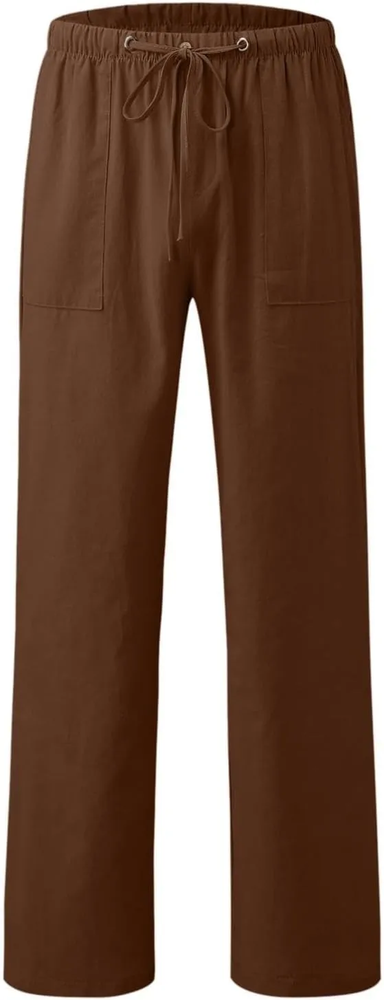 Women Cotton Linen Casual Pants Straight Leg Drawstring Elastic High Waist Loose Trousers with Pockets Relaxed Lounge Wide