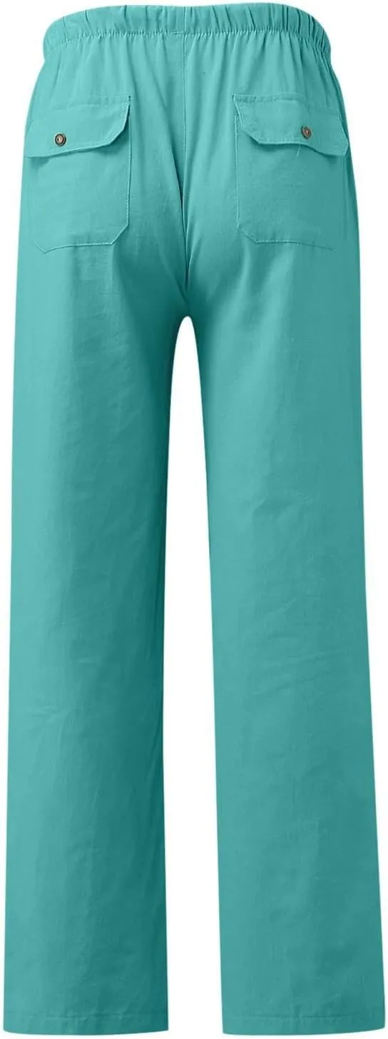 Women Cotton Linen Casual Pants Straight Leg Drawstring Elastic High Waist Loose Trousers with Pockets Relaxed Lounge Wide
