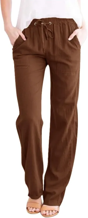 Women Cotton Linen Casual Pants Straight Leg Drawstring Elastic High Waist Loose Trousers with Pockets Relaxed Lounge Wide