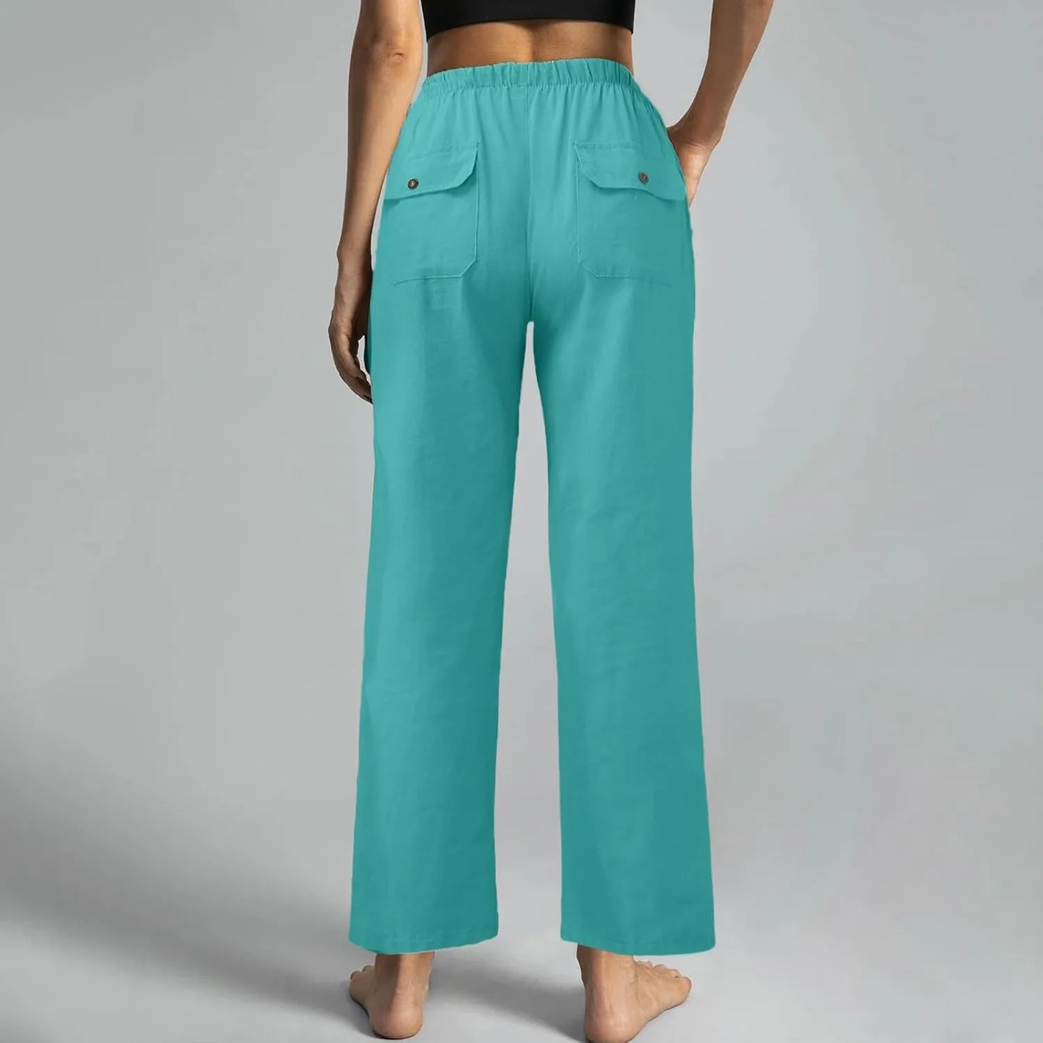 Women Cotton Linen Casual Pants Straight Leg Drawstring Elastic High Waist Loose Trousers with Pockets Relaxed Lounge Wide
