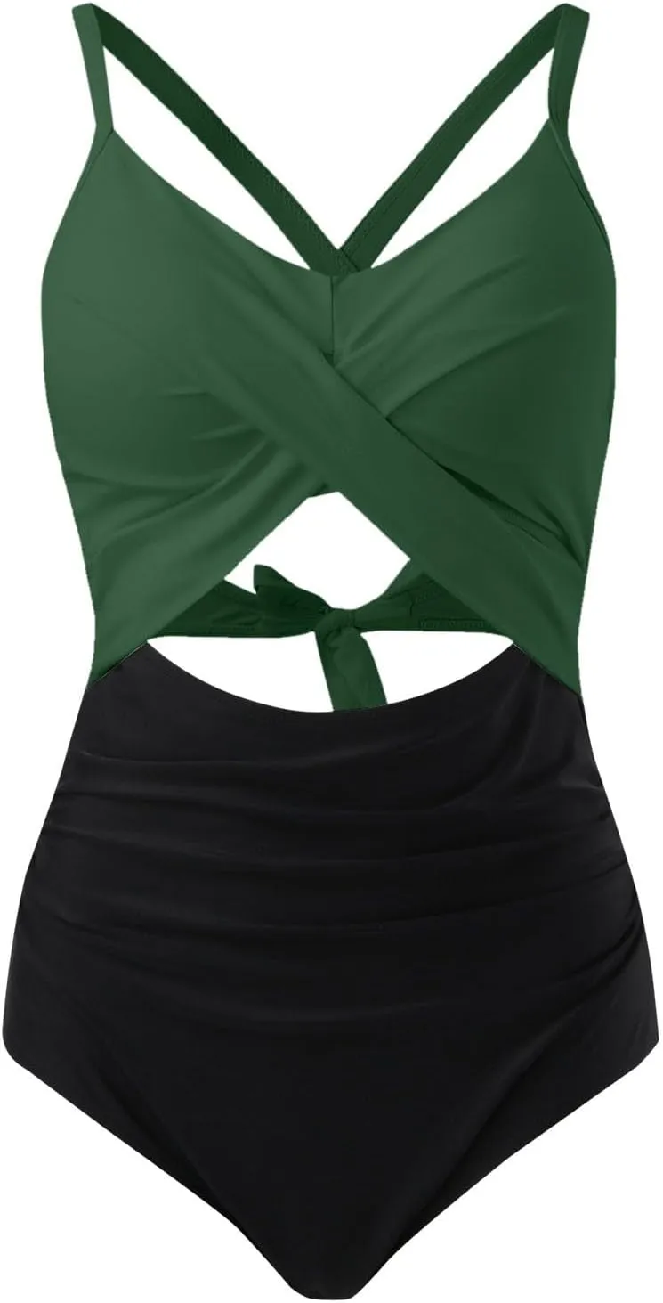 Women Cutout One Piece Swimsuit Sporty Tummy Control High Waisted Push Up Swimwear Cute Backless Wrap Tie Bathing Suit