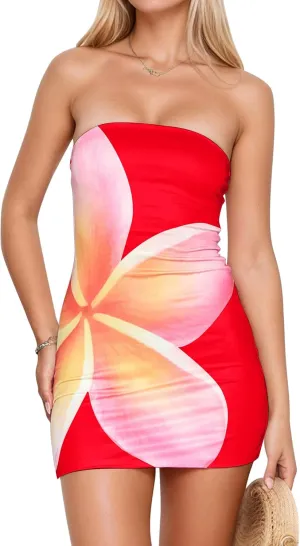 Women Floral Bodycon Mini Dress Sexy Strapless Tube Dress Flower Y2K Going Out Party Club Bandeau Short Dresses