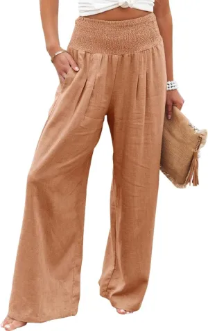 Women Linen Palazzo Pants High Waist Pant Wide Leg Flowy Pants Waist Loose Comfy Trousers of Beach Vacation
