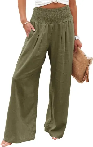 Women Linen Palazzo Pants High Waist Pant Wide Leg Flowy Pants Waist Loose Comfy Trousers of Beach Vacation